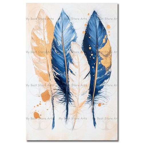 Blue gold feather trio art - blue,