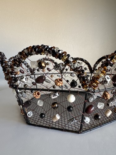 Vintage beaded wire basket - wire,