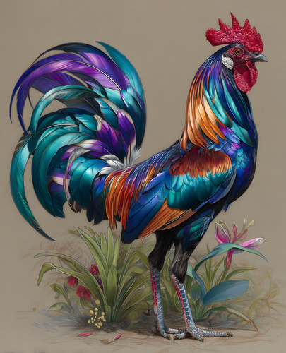 Rainbow rooster standing - standing, among