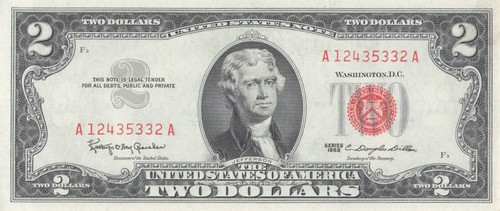 1963 two dollar note red - two,