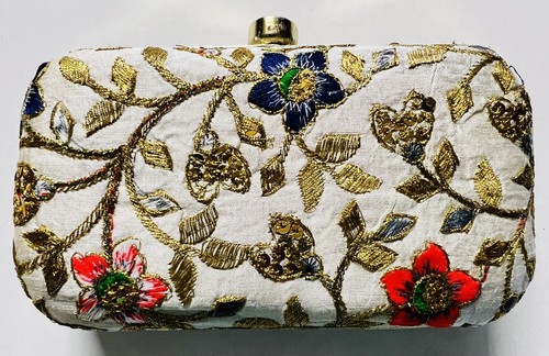 Beige golden silk box clutch - box,
