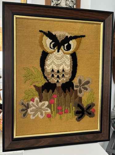 Vtg mcm crewel embroidered owl - vtg,