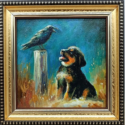 Puppy and crow original oil - puppy,