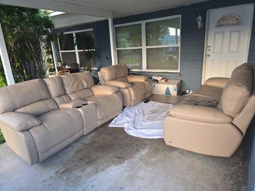 Beige leather reclining sofa - leather,