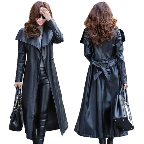 Black leather trench coat - black,