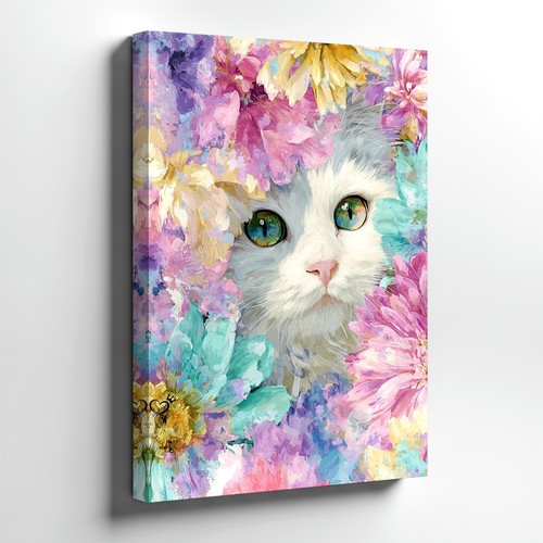 Wall art white cat - white, portrait