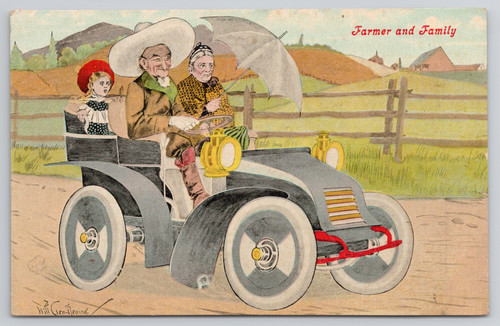 Farmer and family driving car - and,