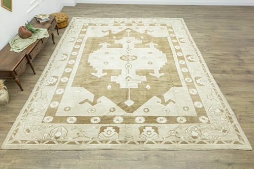 Hand knotted oushak rug beige - knotted,