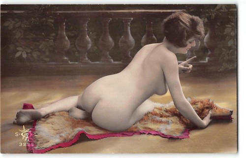 Rppc nude woman - woman, bear