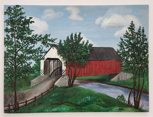Vintage covered bridge - bridge, oil