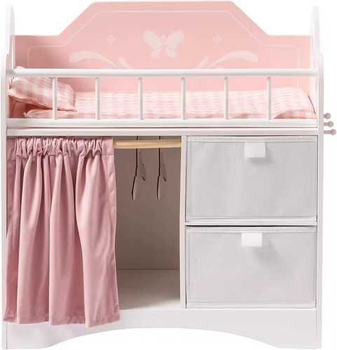 Pink wooden doll crib with - pink,