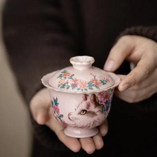 Pink kiln flower cat gaiwan - pink,