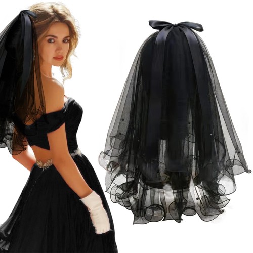 Black lace wedding veil double - lace,