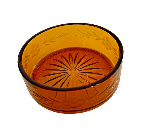 Glass amber bowl small etched