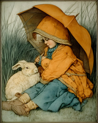 Child beneath orange umbrella - child,