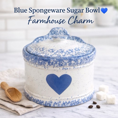 Blue spongeware sugar bowl - sugar,