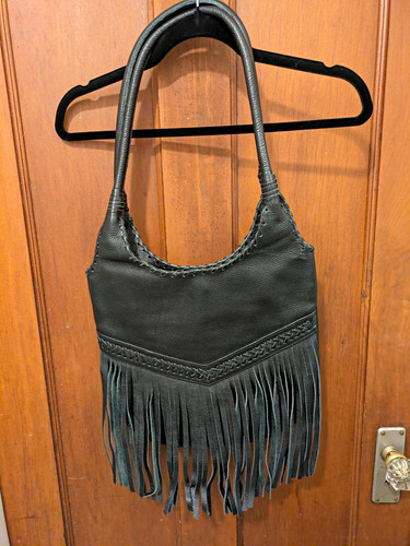 Leather black fringe shoulder - black,