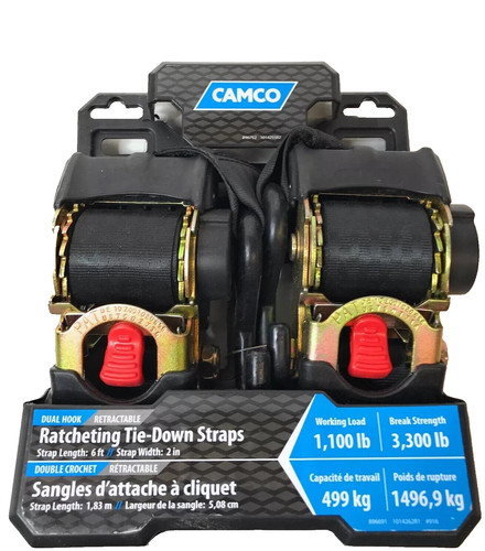 Camco ratchet tie down straps - down,