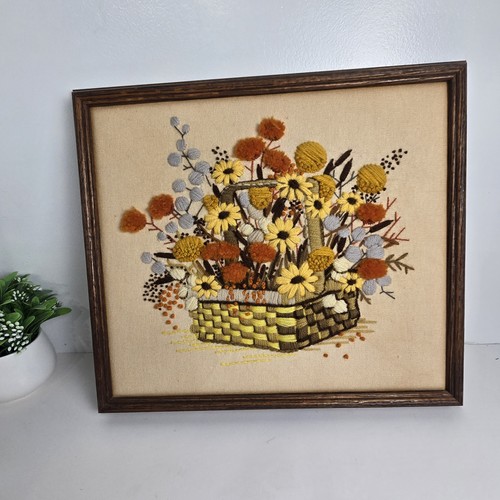 Vtg crewel embroidery framed - embroidery,