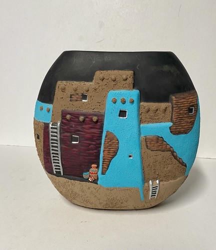 Ceramic pottery pueblo scene - ceramic,