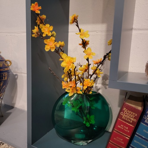 Oval teal vase with floral - oval,