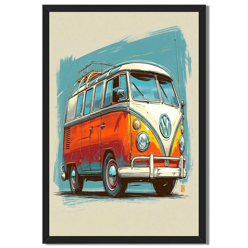Retro camper van framed - framed, canvas