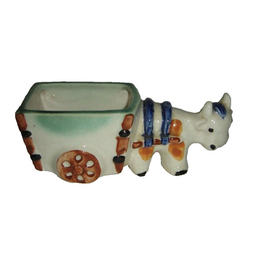 Vtg cow pulling cart planter - cow,