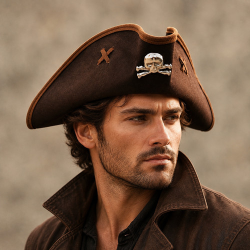 Brown leather pirate tricorn - brown,