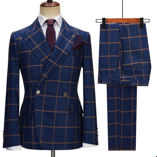 Plaid blue red men suits - blue,