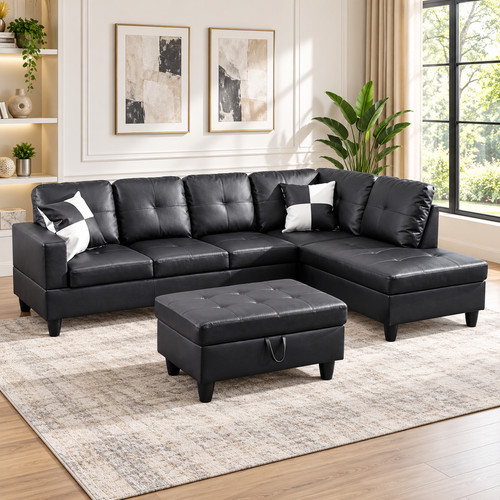 Black faux leather piece - leather, 3-piece