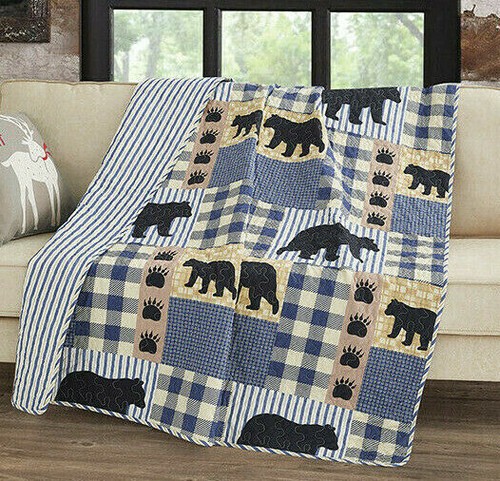 Black bear blue plaid - black,