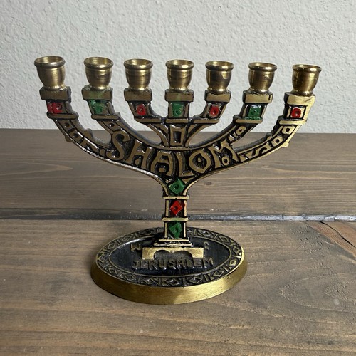 Vintage menorah brass enamel - menorah,