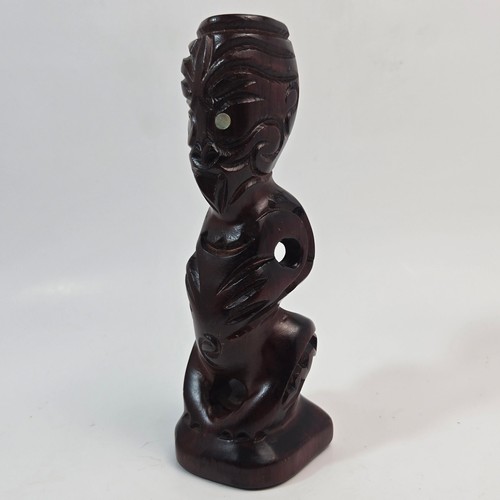Maori tiki wood statue paua - statue,