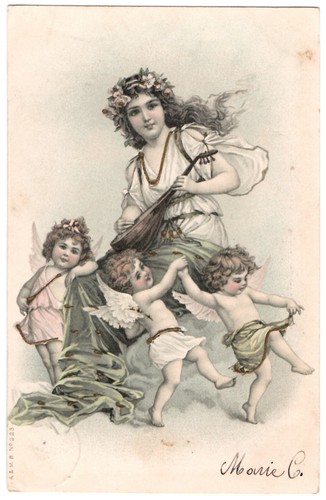 Antique postcard girl plays
