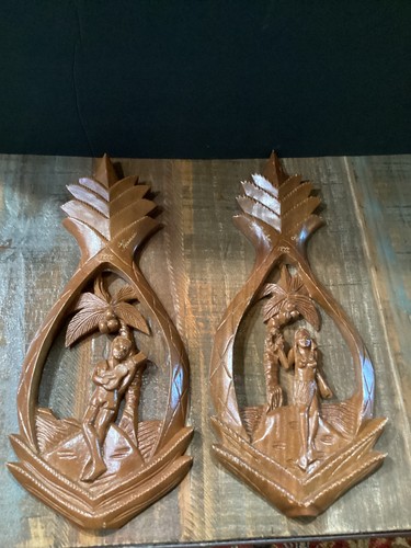 Pair vintage carved wood - , wall
