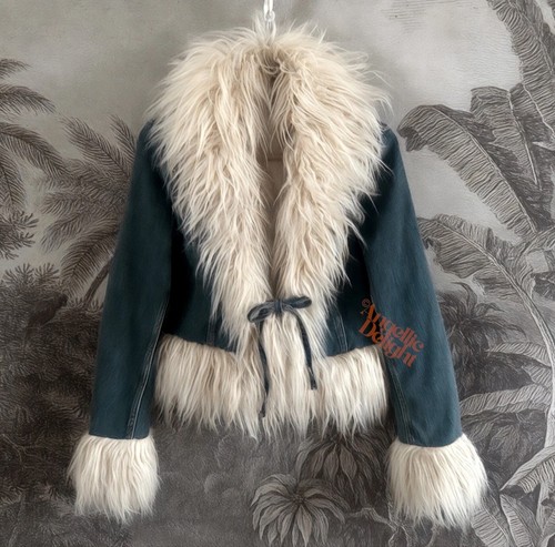 Denim afghan coat - denim, fur