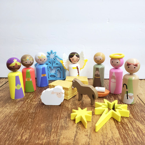 Wooden peg doll nativity set - wooden,
