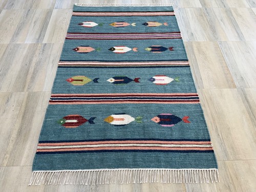 Hand woven wool area - rug, 6