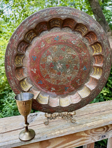 Vintage floral brass tray - vintage,