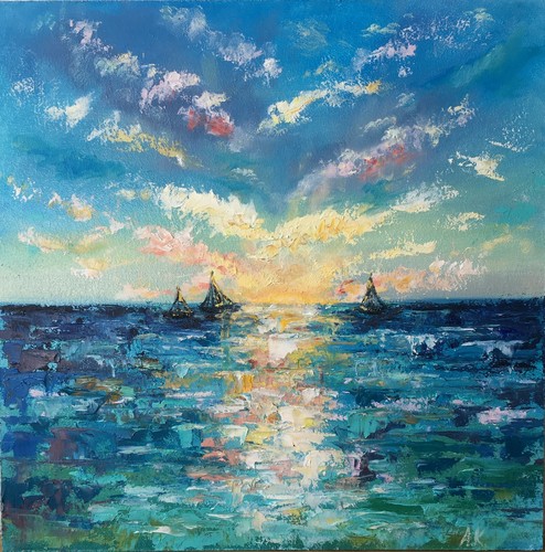 Seascape sailboat original - original, oil