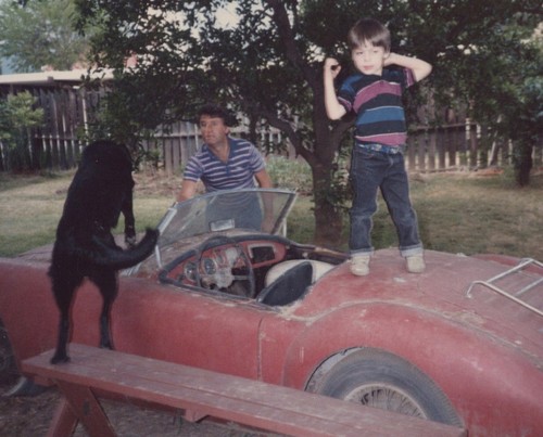 Boy old car - trunk, dog
