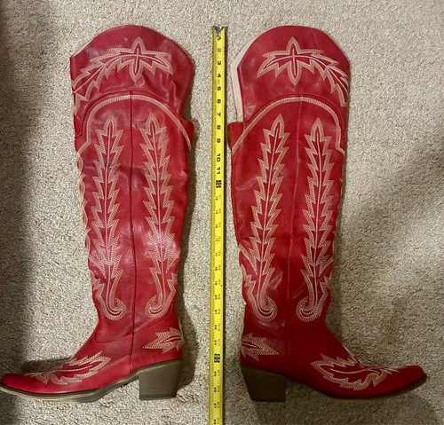 Red leather thigh high cowboy - thigh,