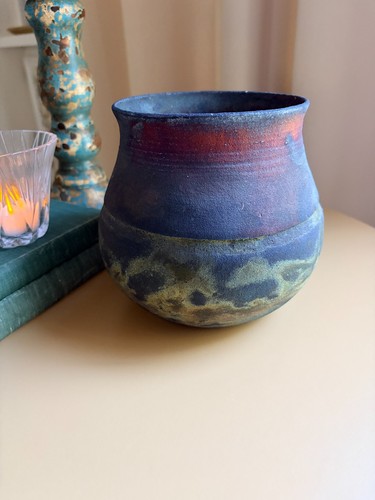 Signed studio raku pottery pot - signed,