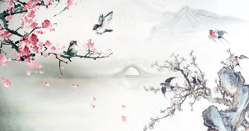 Pink flower bird bridge - bird,