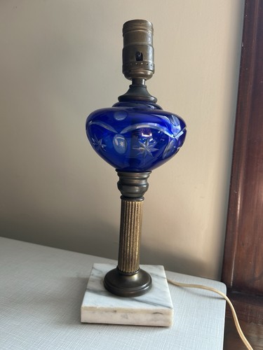 Cobalt cut clear glass lamp - cut, to