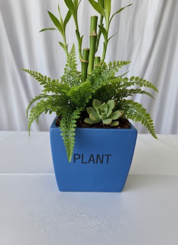 Blue ceramic square plant pot - blue,