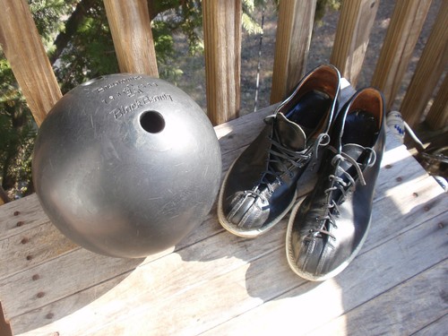 Black bowling ball and shoes - bowling,