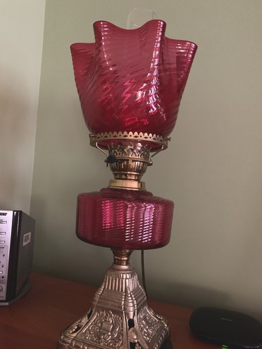 Cranberry glass lamp antique - glass,