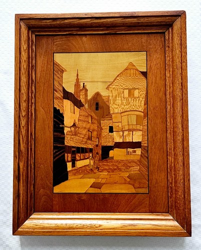 Marquetry plaque village scene - marquetry,