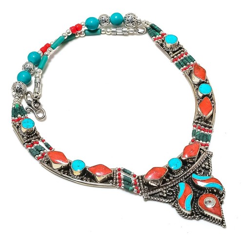 Red coral turquoise necklace - turquoise,